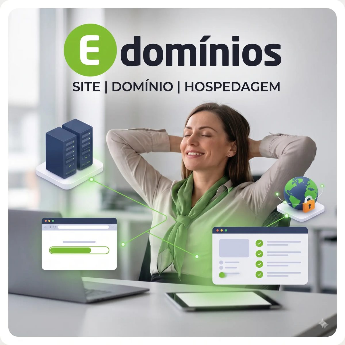 E-Domínios: site, domínio e hospedagem — cliente tranquila com servidores, site e segurança conectados